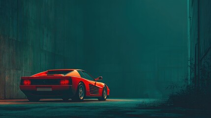 A vibrant red sports car sits in a dimly lit, grunge alleyway, shrouded in mist;  rusted metal walls flank it, creating a moody atmosphere
