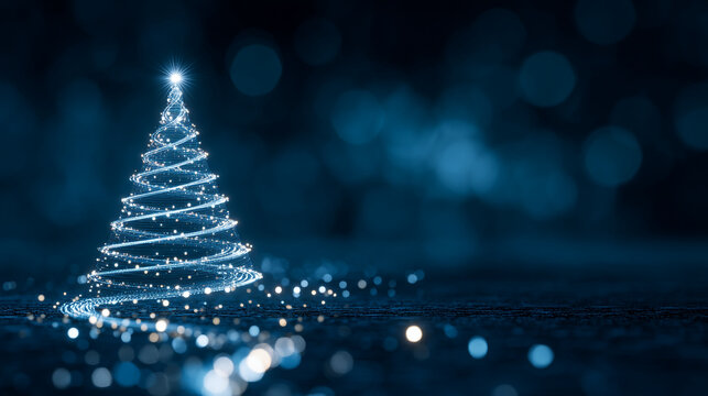 A christmas tree made of lights on a dark blue background with bokeh and a star on top shining brightly