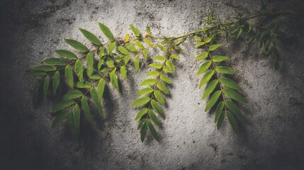 Vibrant green leaves clinging to a weathered gray wall.