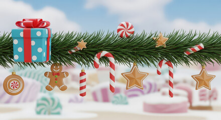 A Festive Holiday Garland with Gift Box, Candy Canes, Gingerbread Man, and Ornaments Against a Dreamy Background, Perfect for Seasonal Greetings and Decorations