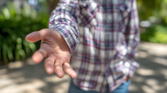 Outstretched hand offering assistance in a park.
