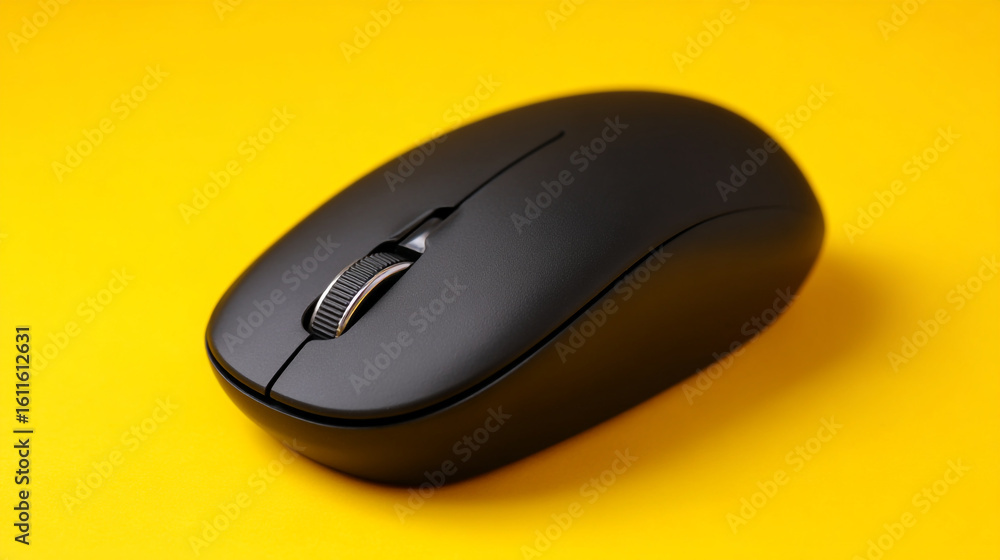 Fototapete a black computer mouse with a scroll wheel on a vibrant yellow background in a studio setting