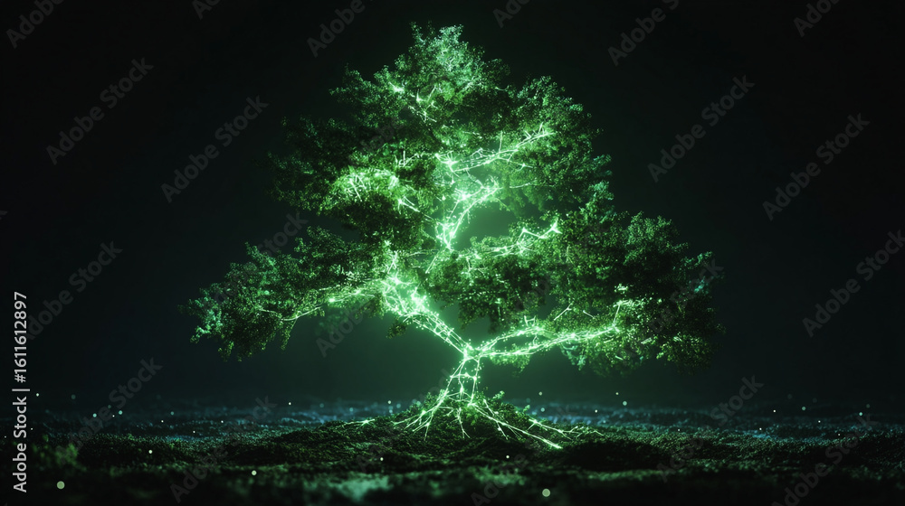 Poster a glowing green tree with interconnected branches and roots in a dark mystical environment