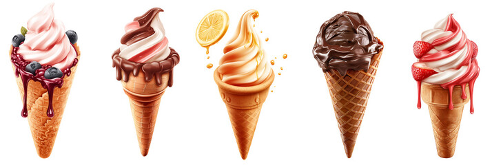 Set of various ice cream cones with chocolate, blueberry, vanilla, strawberry and pistachio isolated on transparent background