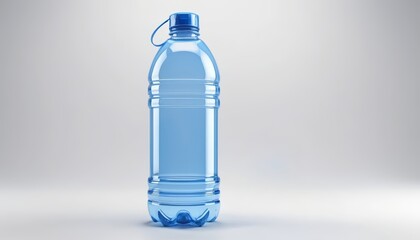 Naklejka premium A clear plastic water bottle filled with water, standing upright on a white background, symbolizing hydration, health, or beverages, useful for health, fitness, or lifestyle topics.
