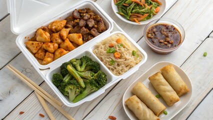 A takeout container with orange chicken, beef, noodles, broccoli, spring rolls and a side salad on wood