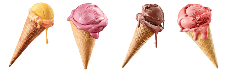 Collection of various Waffle cones with lemon, blueberry, chocolate and half moon ice cream isolated on transparent background