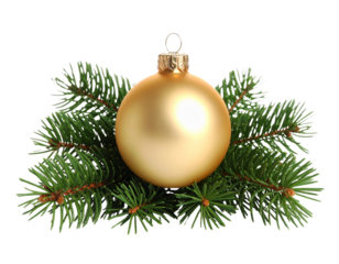 Golden Ball Ornament Wrapped in Pine Needles, Nestled Deep Inside Christmas Tree, White Background