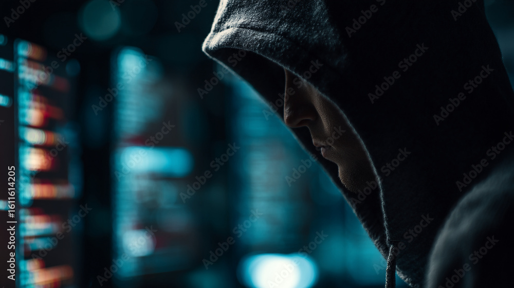 Poster a hooded figure in the shadows with a blurred screen displaying code in the background at night time