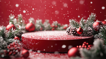 Empty round 3D podium with Christmas background featuring decorated pine branches, festive baubles, and soft snowfall on a clean red backdrop. Banner with copy space