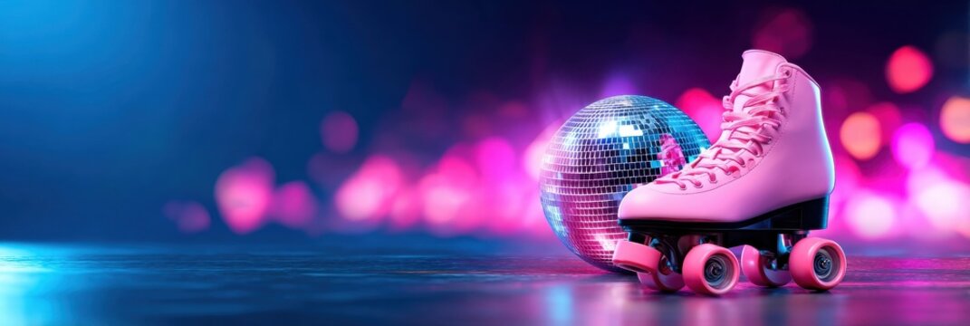 A shiny disco ball next to pink roller skates with a vibrant pink and purple bokeh background.