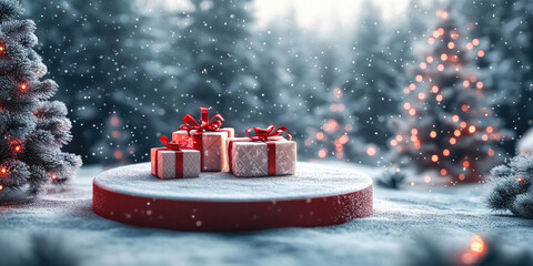 Round 3D podium with Christmas composition including gifts, golden stars, and snowy forest background in soft natural lighting, creating a calm and aesthetic winter atmosphere. Banner with copy space
