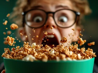 person's shocked expression captures moment they open cereal box find it filled packing peanuts instead of cereal surprising twist unfolds in bright kitchen setting