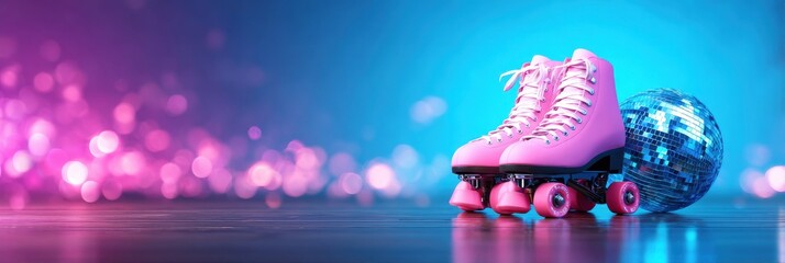 Retro pink roller skates beside a shiny disco ball on a reflective surface with a vibrant purple and blue bokeh background.