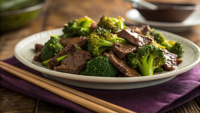 A plate of beef and broccoli stir fry with chopsticks on a purple napkin on a wooden surface