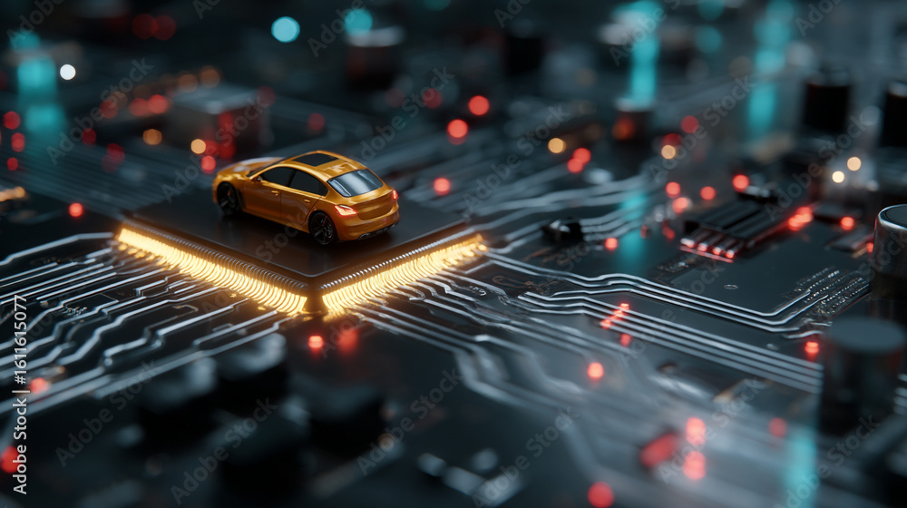 Poster a miniature gold car atop a glowing computer chip with circuit board design and blurred background e