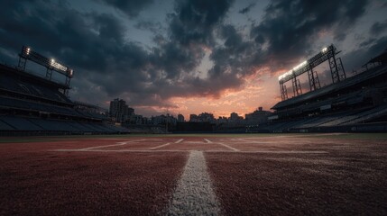 Obraz premium A dramatic sunset casts an orange and purple glow over a baseball stadium, the infield visible from a low angle, with dark, brooding clouds overhead
