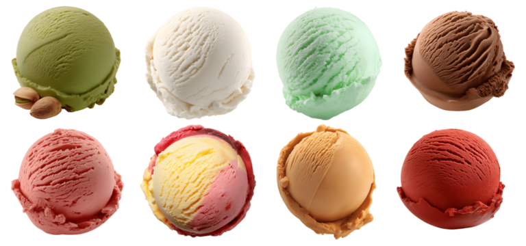 Set of various Ice cream scoops of different flavors and colors isolated on transparent background