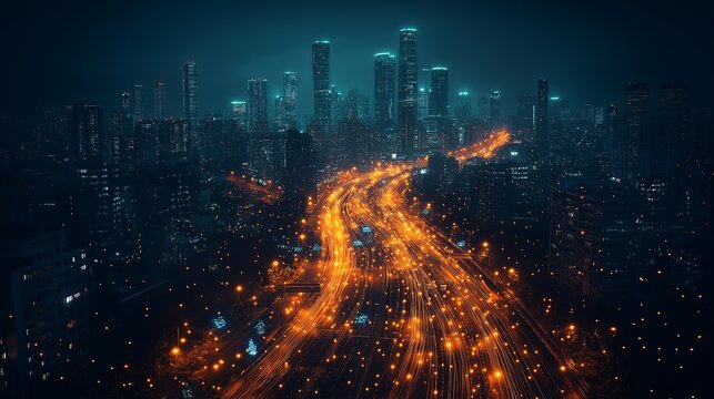 Futuristic city at night with glowing AI-driven data highway in the center.