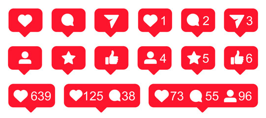 Social media notification bubble icons set like comment follower view buttons