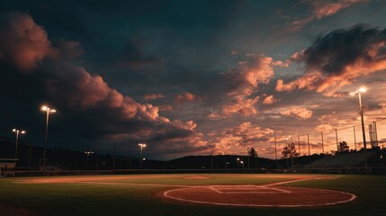 A dramatic sunset casts warm hues across a mostly empty baseball field, illuminated by stadium lights against a backdrop of dark, brooding clouds and distant trees