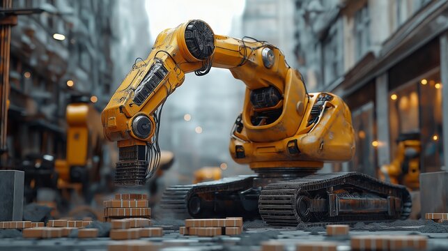 Robotic arm builds a brick wall in a futuristic urban construction environment.