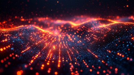 Obraz premium Glowing digital wave landscape made of red-orange particles.