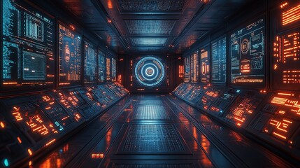 Sci-fi control room with glowing data panels.