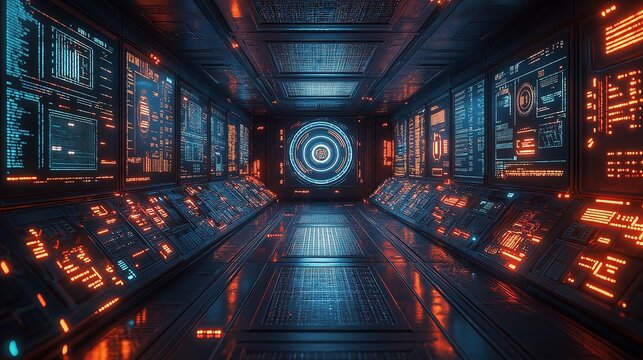 Sci-fi control room with glowing data panels.