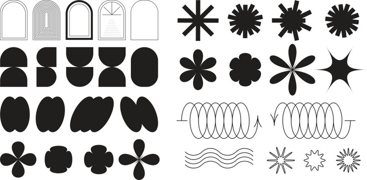 Brutalist abstract geometric shapes and grids. Brutal contemporary figure star oval spiral flower and other primitive elements. Swiss design aesthetic. Bauhaus memphis design rave element