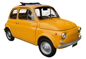 Old vintage orange microcar, isolated on transparent background.