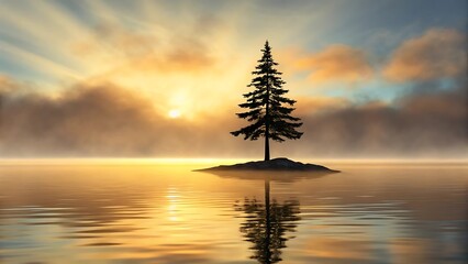 Solitary evergreen tree stands tall on a misty island amidst a golden sunrise reflected in calm water