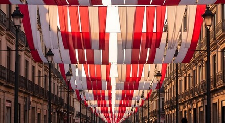 Festive Street Scene Red and White Fabric Decorations Urban Ambiance