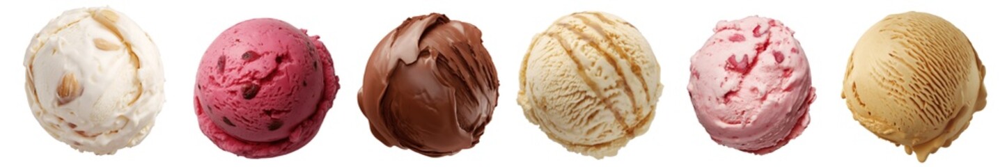 Set of various Ice cream scoops of different colors and flavors isolated on transparent background