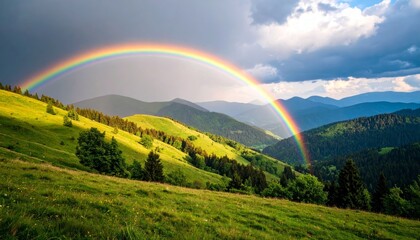 Fototapeta premium A Perfect Rainbow Arch Spans a Sunlit Valley and Stormy Mountain Sky