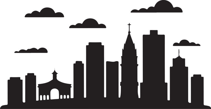 Black silhouette of Medell&iacute;n skyline, includes Coltejer Building, Andean foothills, Colombian city in flat silhouette style