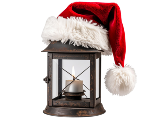 Santa Hat Draped Over Vintage Lantern, Cozy Rustic Christmas Look, Isolated PNG