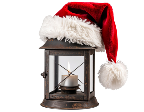 Santa Hat Draped Over Vintage Lantern, Cozy Rustic Christmas Look, Isolated PNG - Powered by Adobe