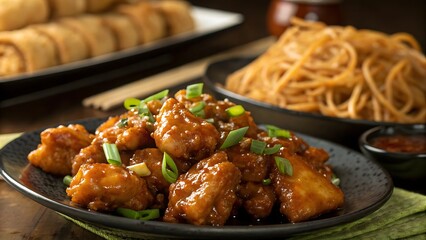 Close up of orange chicken dish with noodles and spring rolls on a dark wooden table setting