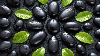 Black stones and green leaves with water droplets.