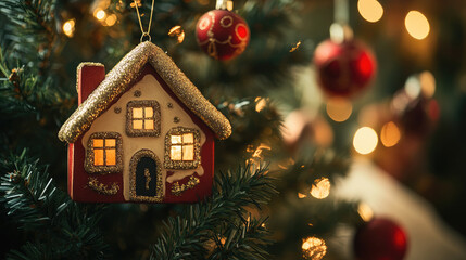 A house-shaped advent calendar decorates a tree, bringing joy and anticipation to the holidays in a warm and cozy home interior filled with Christmas spirit. Banner with copy space