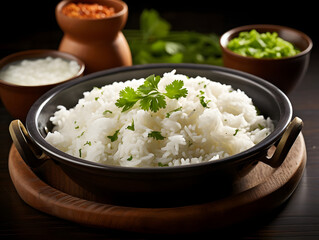A freshly prepared bowl of steamed white rice, a staple of Asian cuisine.