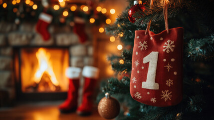 Advent calendar in the form of an eco bag with the number 1 hangs on a Christmas tree, set against a cozy holiday room with a fireplace in the background. Banner with copy space