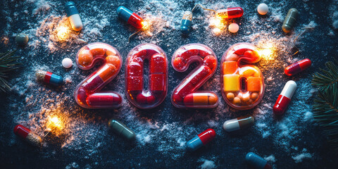 Creative New Year 2026 made of colorful pills and capsules, arranged with festive Christmas decorations and glowing lights, symbolizing health, hope, and celebration. Banner with copy space