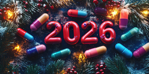 Creative New Year 2026 made of colorful pills and capsules, arranged with festive Christmas decorations and glowing lights, symbolizing health, hope, and celebration. Banner with copy space