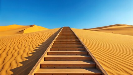 Endless wooden staircase ascends through rippling sand dunes under a vast clear blue desert sky