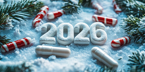 White pills forming 2026 on a soft snowy background, surrounded by candy canes and fir twigs, blending festive Christmas spirit with medical and health themes. Banner with copy space