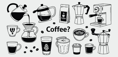 Vector art of a collection of handdrawn coffee illustrations featuring various brewing methods and cups
