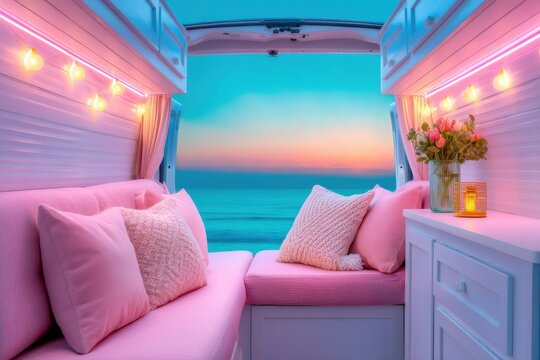 Cozy pink camper interior with soft cushions and fairy lights, overlooking a serene ocean sunset.
