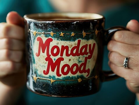 woman holds large coffee cup labeled Monday Mood, her expression mix of exhaustion and amusement cozy cafe setting provides warm lighting, enhancing moment
